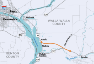 A map of Highway 12 between the Tri-Cities and Touchet.